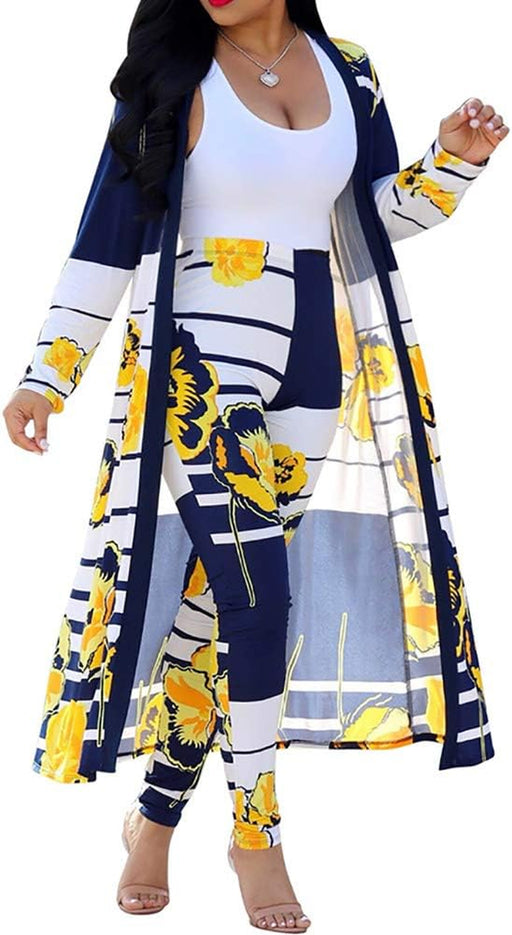 Womens Two Piece Outfits Strips Floral Print Open Front Cardigan and Pants Jumpsuits Set Yellow Large