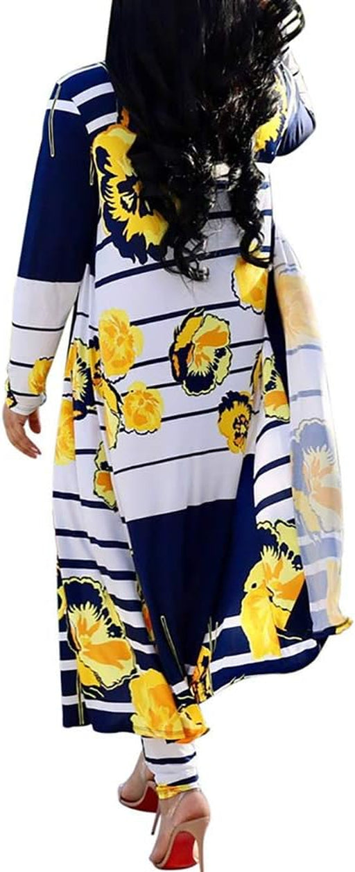 Womens Two Piece Outfits Strips Floral Print Open Front Cardigan and Pants Jumpsuits Set Yellow Large